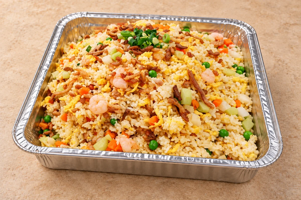 Dumpling Chef special fried rice with shrimp and BBQ pork in a catering tray