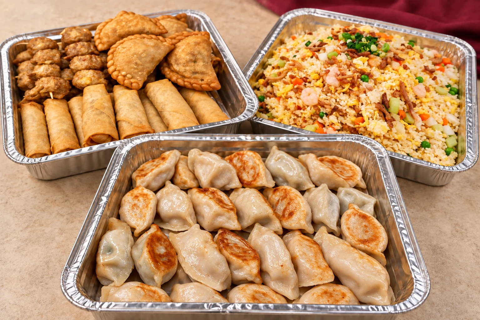 Catering trays of Dumpling Chef pan-fried dumplings, spring rolls, curry puffs, dim sim and fried rice