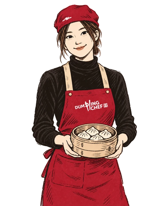 Hand-drawn Junior Crew character in a red beret, black top and red apron with beige straps