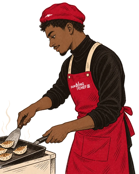 Hand-drawn Senior Crew character in a red beret, black top and red apron with beige straps