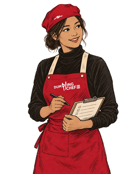 Hand-drawn Store Manager character in a red beret, black top and red apron with beige straps