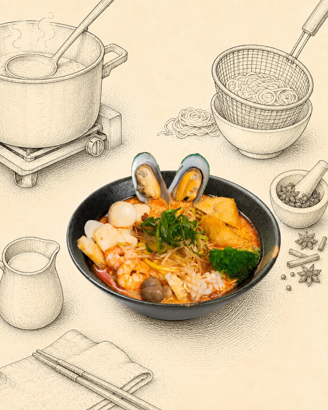 Seafood Curry Laksa Noodle Soup 海鲜咖喱叻沙面